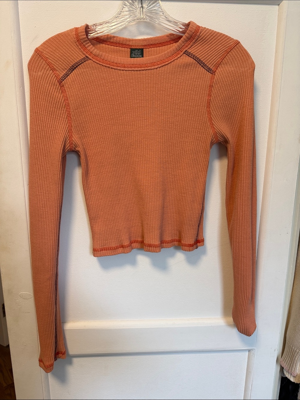Wild Fable Long Sleeve Ribbed Crop Top in Rust Orange with Contrast Stitching - Picture 2 of 5